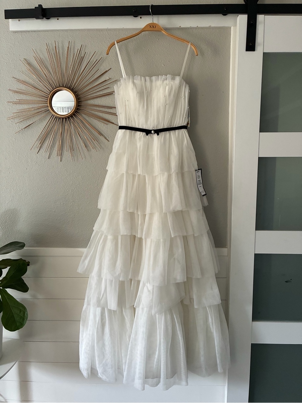 Macy's White Tiered Tulle Prom Dress with Black Waist Belt